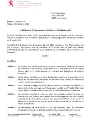 Autorisation – Ministère de l’Environnement, du Climat et de la Biodiversité – Post Technologies – Réf.: 2026-001117