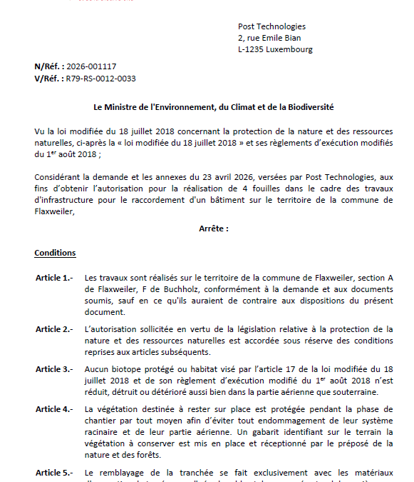 Autorisation – Ministère de l’Environnement, du Climat et de la Biodiversité – Post Technologies – Réf.: 2026-001117