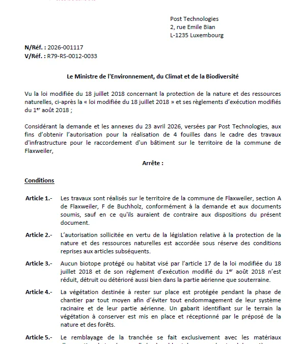 Autorisation – Ministère de l’Environnement, du Climat et de la Biodiversité – Post Technologies – Réf.: 2026-001117