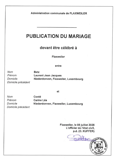 Publication du mariage – Betz & Conté