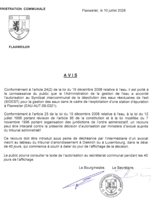 Autorisation pour la gestion des eaux dans le cadre de l'exploitation d'une station d'épuration à Flaxweiler – SIDEST – EAU-AUT-09-0321