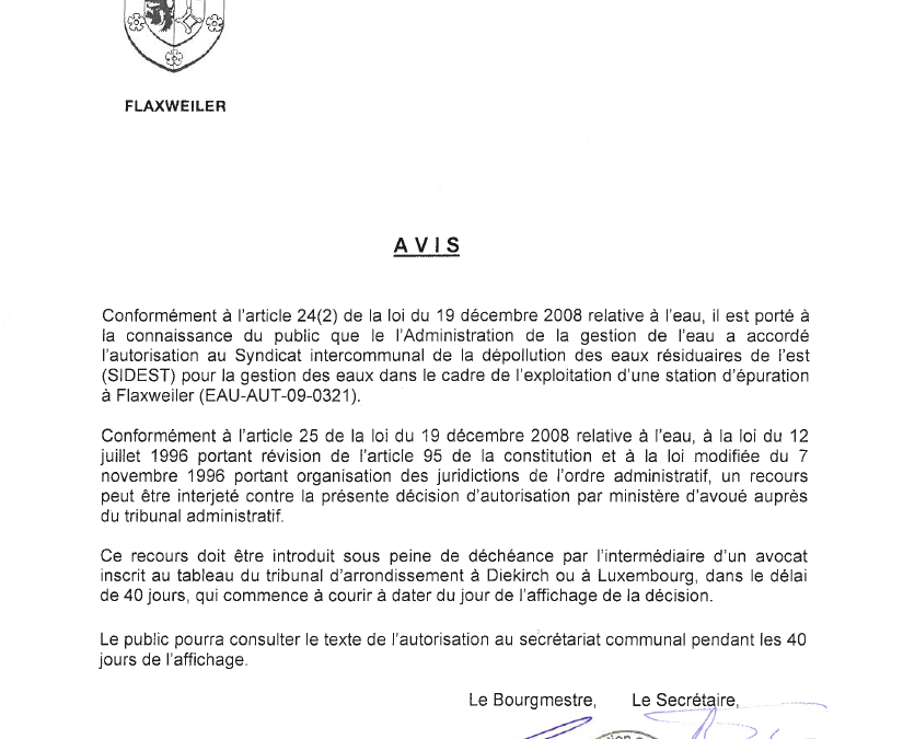 Autorisation pour la gestion des eaux dans le cadre de l&rsquo;exploitation d&rsquo;une station d&rsquo;épuration à Flaxweiler – SIDEST – EAU-AUT-09-0321