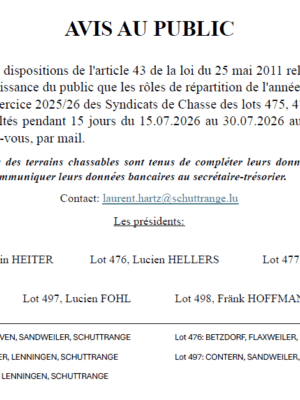 Avis – Syndicats de chasse des lots 475, 476, 477, 497 et 498