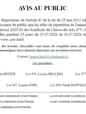 Avis – Syndicats de chasse des lots 475, 476, 477, 497 et 498