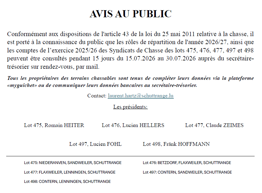 Avis – Syndicats de chasse des lots 475, 476, 477, 497 et 498