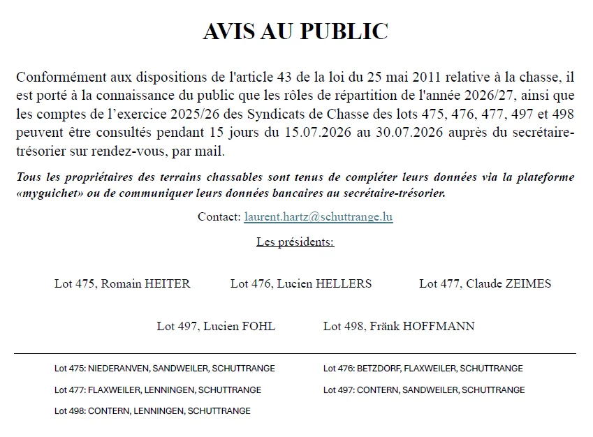 Avis – Syndicats de chasse des lots 475, 476, 477, 497 et 498