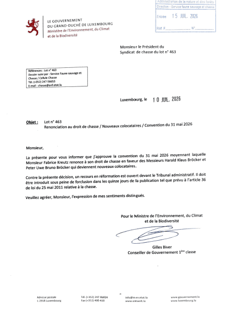 Avis au Public – Syndicats de chasse lot 463 – Renonciation aux droits de chasse / Nouveaux colocataires