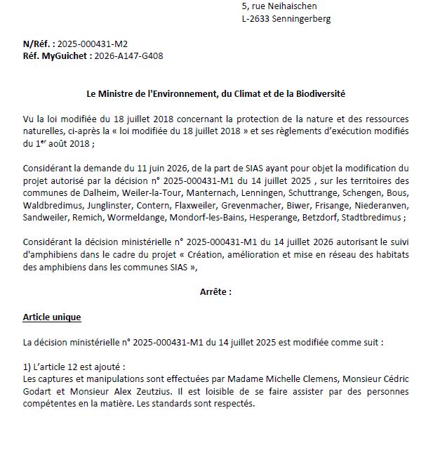 Autorisation – Ministère de l’Environnement, du Climat et de la Biodiversité – SIAS– Réf.: 2026-000431-M2