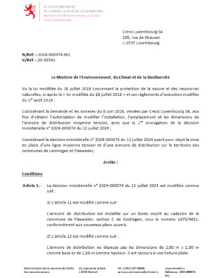 Autorisation – Ministère de l’Environnement, du Climat et de la Biodiversité – Creos Luxembourg SA – Réf.: 2024-000074-M1