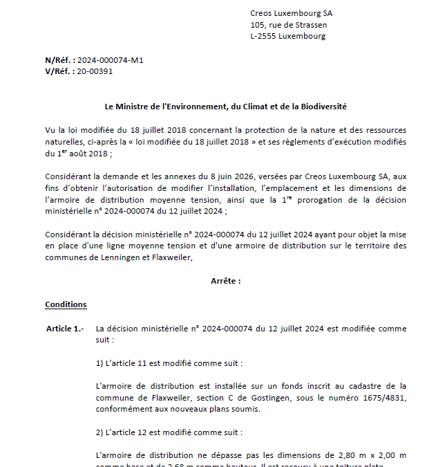 Autorisation – Ministère de l’Environnement, du Climat et de la Biodiversité – Creos Luxembourg SA – Réf.: 2024-000074-M1