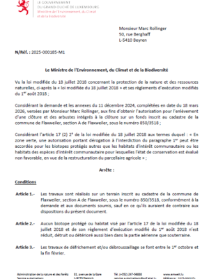 Autorisation – Ministère de l’Environnement, du Climat et de la Biodiversité – Monsieur Marc Rollinger – Réf.: 2025-000185-M1
