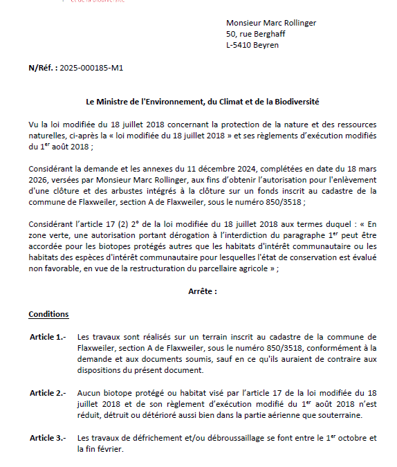 Autorisation – Ministère de l’Environnement, du Climat et de la Biodiversité – Monsieur Marc Rollinger – Réf.: 2025-000185-M1