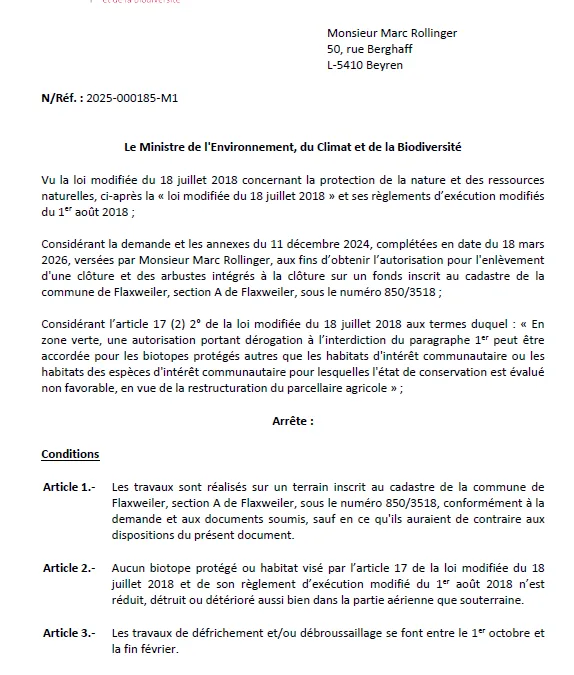 Autorisation – Ministère de l’Environnement, du Climat et de la Biodiversité – Monsieur Marc Rollinger – Réf.: 2025-000185-M1