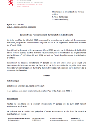 Autorisation – Ministère de l’Environnement, du Climat et de la Biodiversité – Ministère de la Mobilité et des Travaux publics – Réf.: 107269-M1