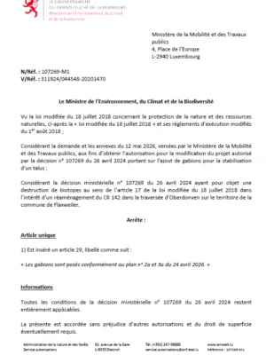 Autorisation – Ministère de l’Environnement, du Climat et de la Biodiversité – Ministère de la Mobilité et des Travaux publics – Réf.: 107269-M1