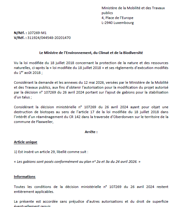 Autorisation – Ministère de l’Environnement, du Climat et de la Biodiversité – Ministère de la Mobilité et des Travaux publics – Réf.: 107269-M1