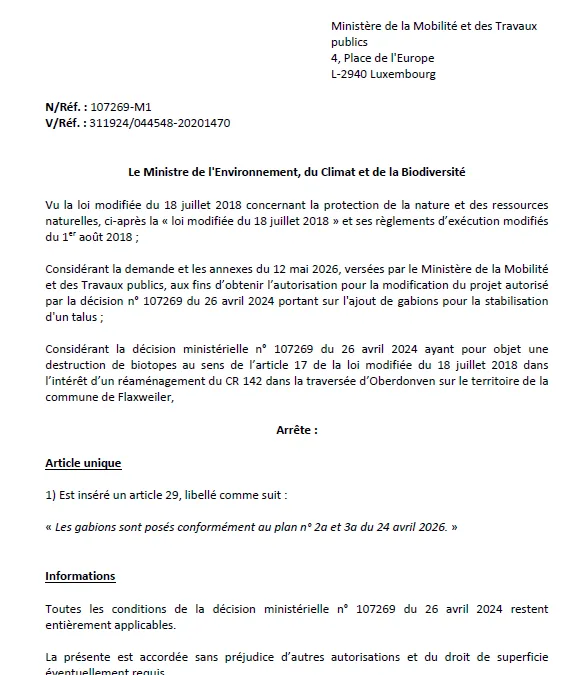 Autorisation – Ministère de l’Environnement, du Climat et de la Biodiversité – Ministère de la Mobilité et des Travaux publics – Réf.: 107269-M1
