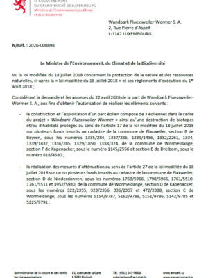 Autorisation – Ministère de l’Environnement, du Climat et de la Biodiversité – Wandpark Fluessweiler-Wormer S.A. – Réf.: 2026-000898