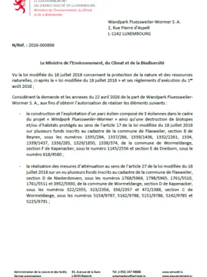 Autorisation – Ministère de l’Environnement, du Climat et de la Biodiversité – Wandpark Fluessweiler-Wormer S.A. – Réf.: 2026-000898