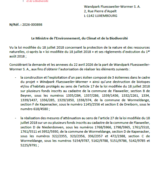 Autorisation – Ministère de l’Environnement, du Climat et de la Biodiversité – Wandpark Fluessweiler-Wormer S.A. – Réf.: 2026-000898