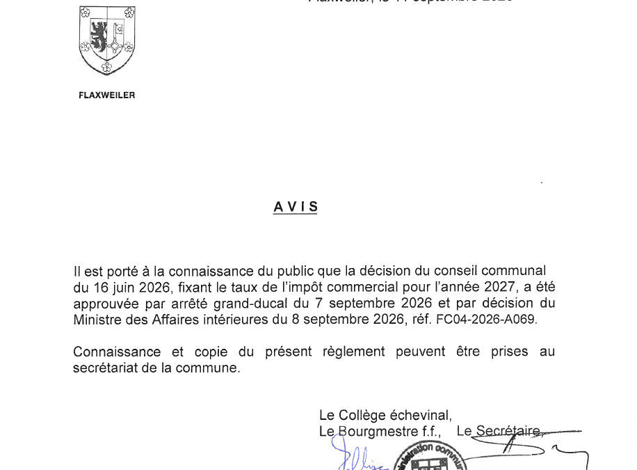 Avis- Taux de l’impôt commercial pour l’année 2027 – Réf. FC04-2026-A069