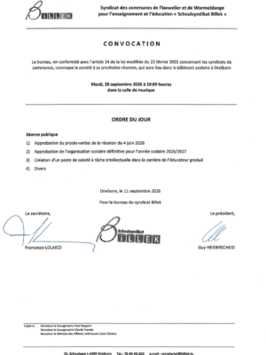 Réunion du comité du BILLEK– 29/09/2026 – Ordre du jour