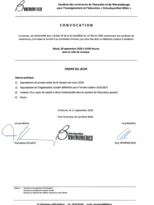 Réunion du comité du BILLEK– 29/09/2026 – Ordre du jour