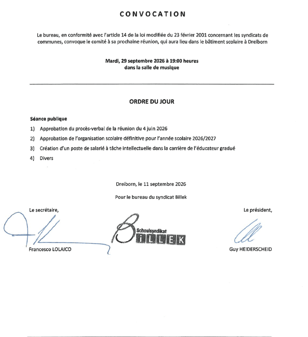 Réunion du comité du BILLEK– 29/09/2026 – Ordre du jour