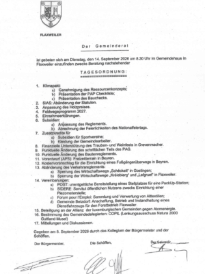 Tagesordnung der Gemeinderatssitzung – 14/09/2026
