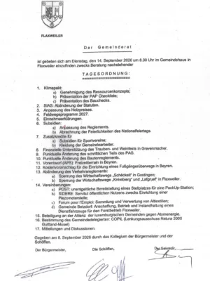Tagesordnung der Gemeinderatssitzung – 14/09/2026
