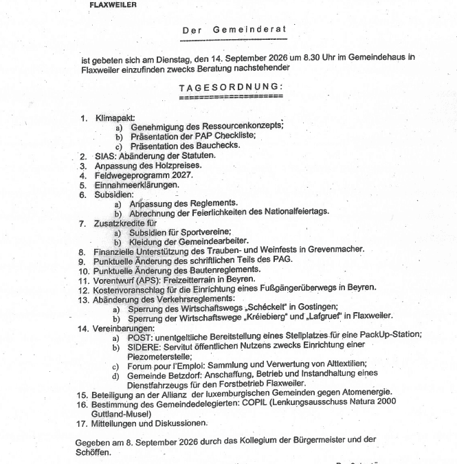 Tagesordnung der Gemeinderatssitzung – 14/09/2026