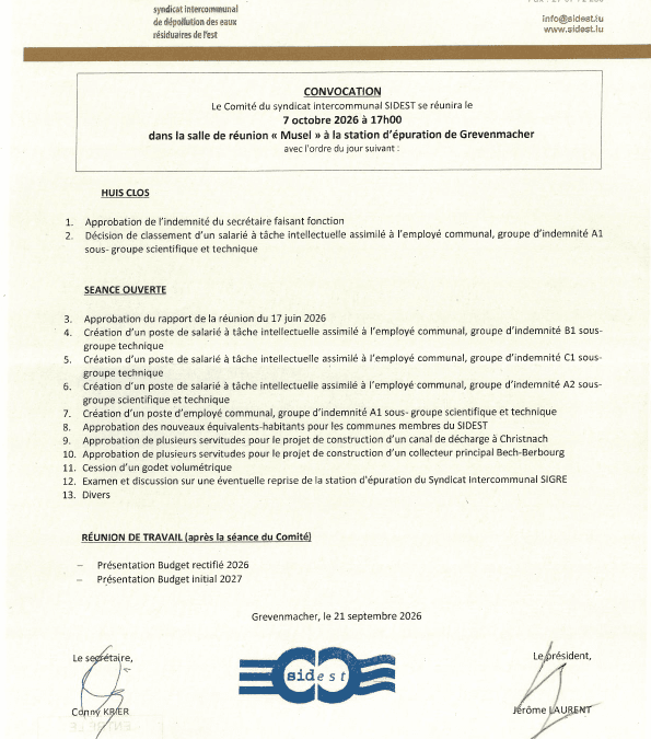 Réunion du comité du SIDEST – 07.10.2026 – Ordre du jour
