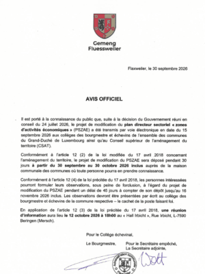 Avis Officiel - Le projet de modification du plan directeur sectoriel « zones d'activités économiques » (PSZAE)