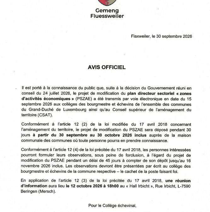 Avis Officiel – Le projet de modification du plan directeur sectoriel « zones d&rsquo;activités économiques » (PSZAE)