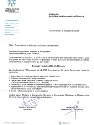 Réunion du Conseil d'administration de l'Office social commun de Grevenmacher – 07.10.2026 – Ordre du jour