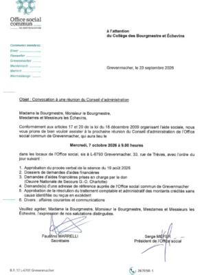 Réunion du Conseil d'administration de l'Office social commun de Grevenmacher – 07.10.2026 – Ordre du jour