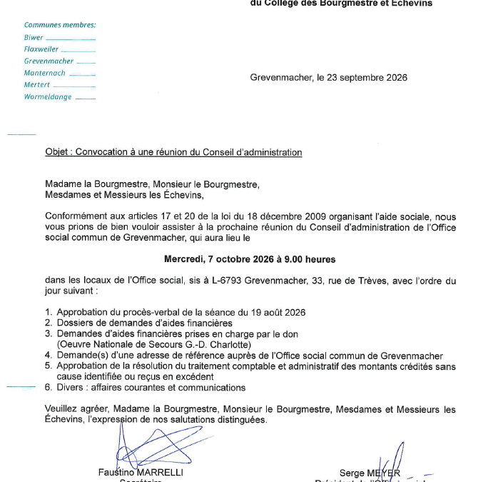 Réunion du Conseil d&rsquo;administration de l&rsquo;Office social commun de Grevenmacher – 07.10.2026 – Ordre du jour