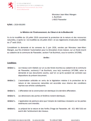 Autorisation – Ministère de l’Environnement, du Climat et de la Biodiversité – M. Jean-Marc Mangen – Réf.: 2026-001093