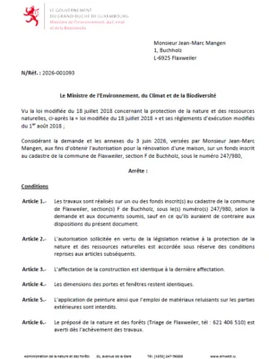Autorisation – Ministère de l’Environnement, du Climat et de la Biodiversité – M. Jean-Marc Mangen – Réf.: 2026-001093