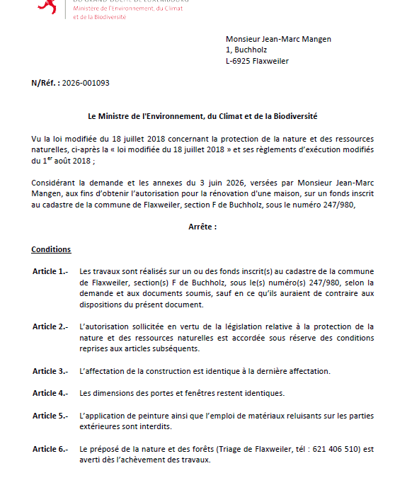 Autorisation – Ministère de l’Environnement, du Climat et de la Biodiversité – M. Jean-Marc Mangen – Réf.: 2026-001093