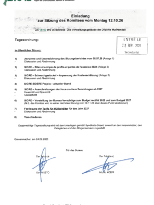 Convocation – SIGRE – Réunion du comité – 12.10.2026