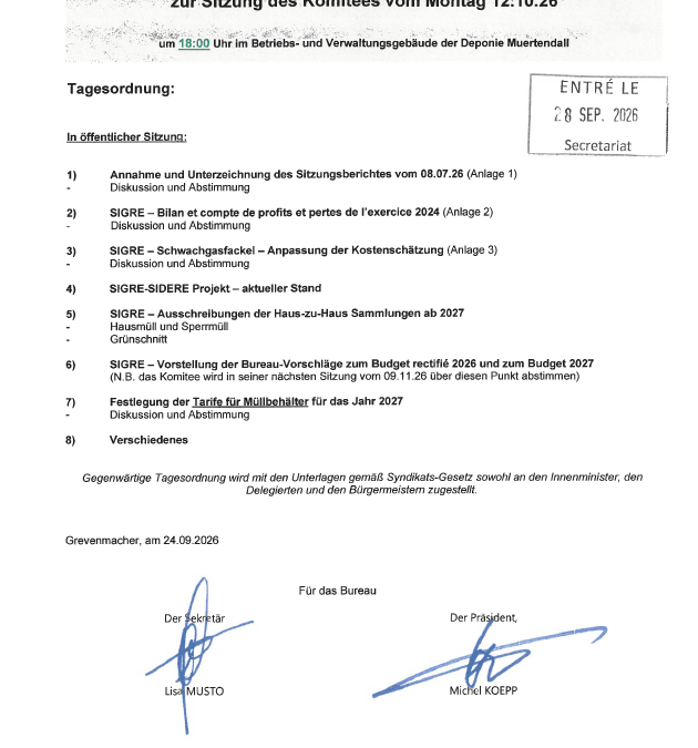 Convocation – SIGRE – Réunion du comité – 12.10.2026
