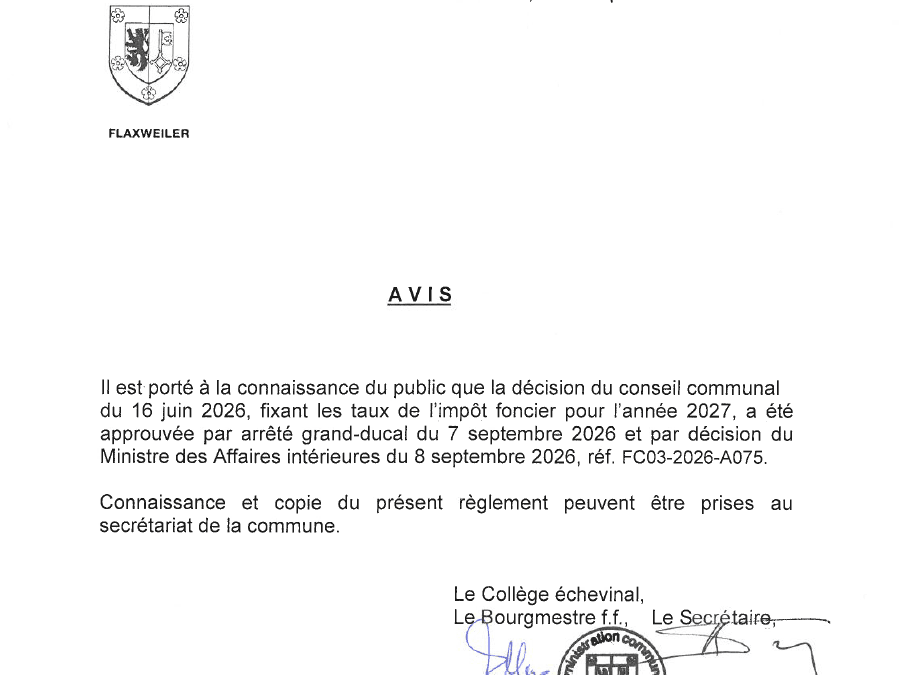 Avis – Taux de l’impôt foncier pour l’année 2027 – Réf. FC03-2026-A075