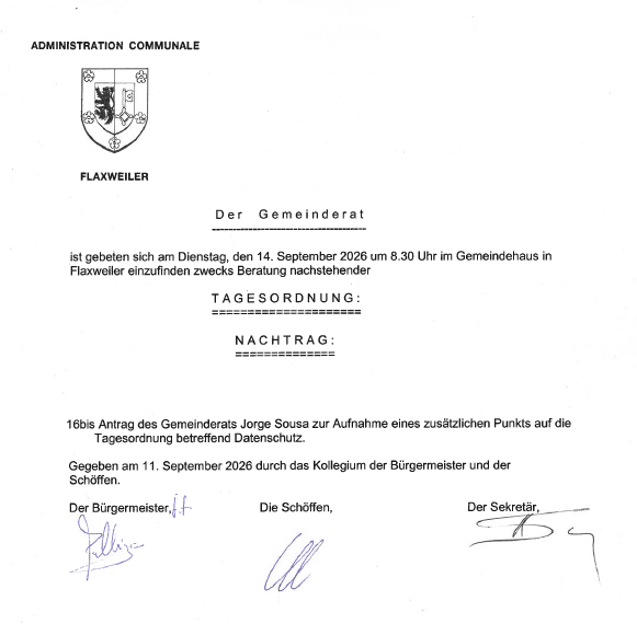 Nachtrag zur Tagesordnung der Gemeinderatssitzung – 14/09/2026