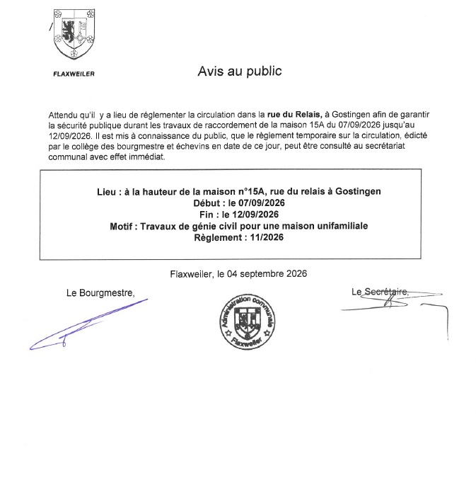 Avis au public concernant un règlement temporaire de circulation à Gostingen, rue du Relais