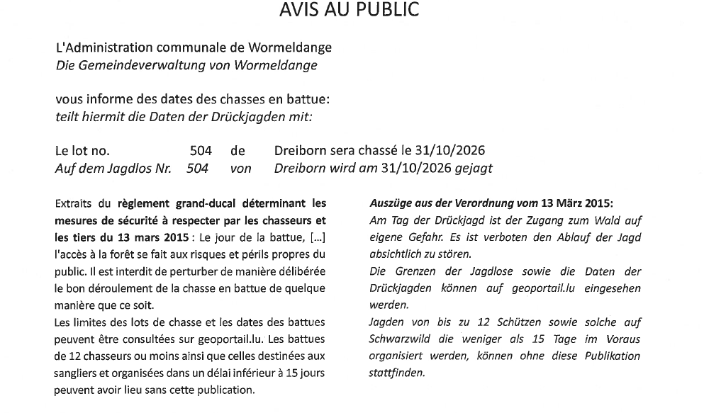 Avis au public – Chasse en battue le 31/10/2026 – Lot no. 504
