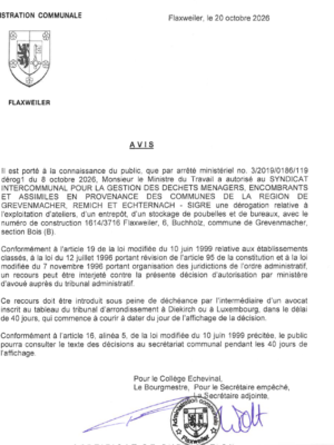 Autorisation – Ministère du Travail – SIGRE – Réf.: 3/2019/0186/119dérog1