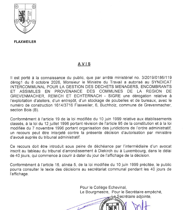 Autorisation – Ministère du Travail – SIGRE – Réf.: 3/2019/0186/119dérog1