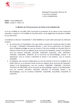 Autorisation – Ministère de l’Environnement, du Climat et de la Biodiversité – Wandpark Fluessweiler-Wormer SA– Réf.: 2026-000898-M1
