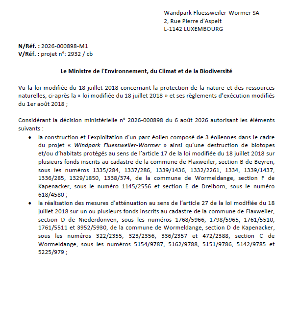 Autorisation – Ministère de l’Environnement, du Climat et de la Biodiversité – Wandpark Fluessweiler-Wormer SA– Réf.: 2026-000898-M1